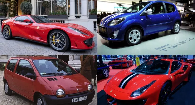 Vehículos Ferrari y Renault Twingo, comparados.
