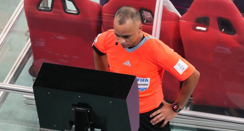 AL KHOR, QATAR - DECEMBER 10: Referee Wilton Sampaio of Brazil watches the VAR monitor during the FIFA World Cup Qatar 2022 quarter final match between England and France at Al Bayt Stadium on December 10, 2022 in Al Khor, Qatar. (Photo by Etsuo Hara/Getty Images)