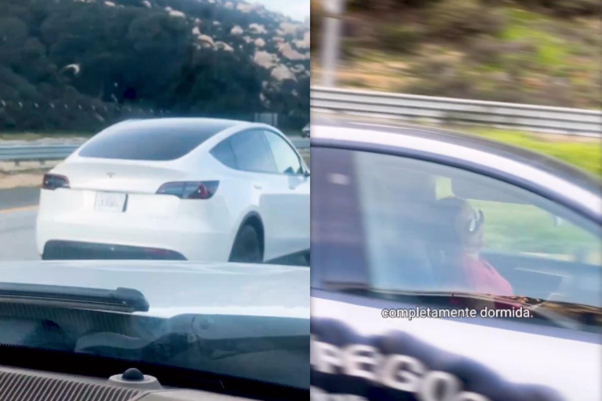 Foto de carro de mujer que conducía dormida un Tesla, en California