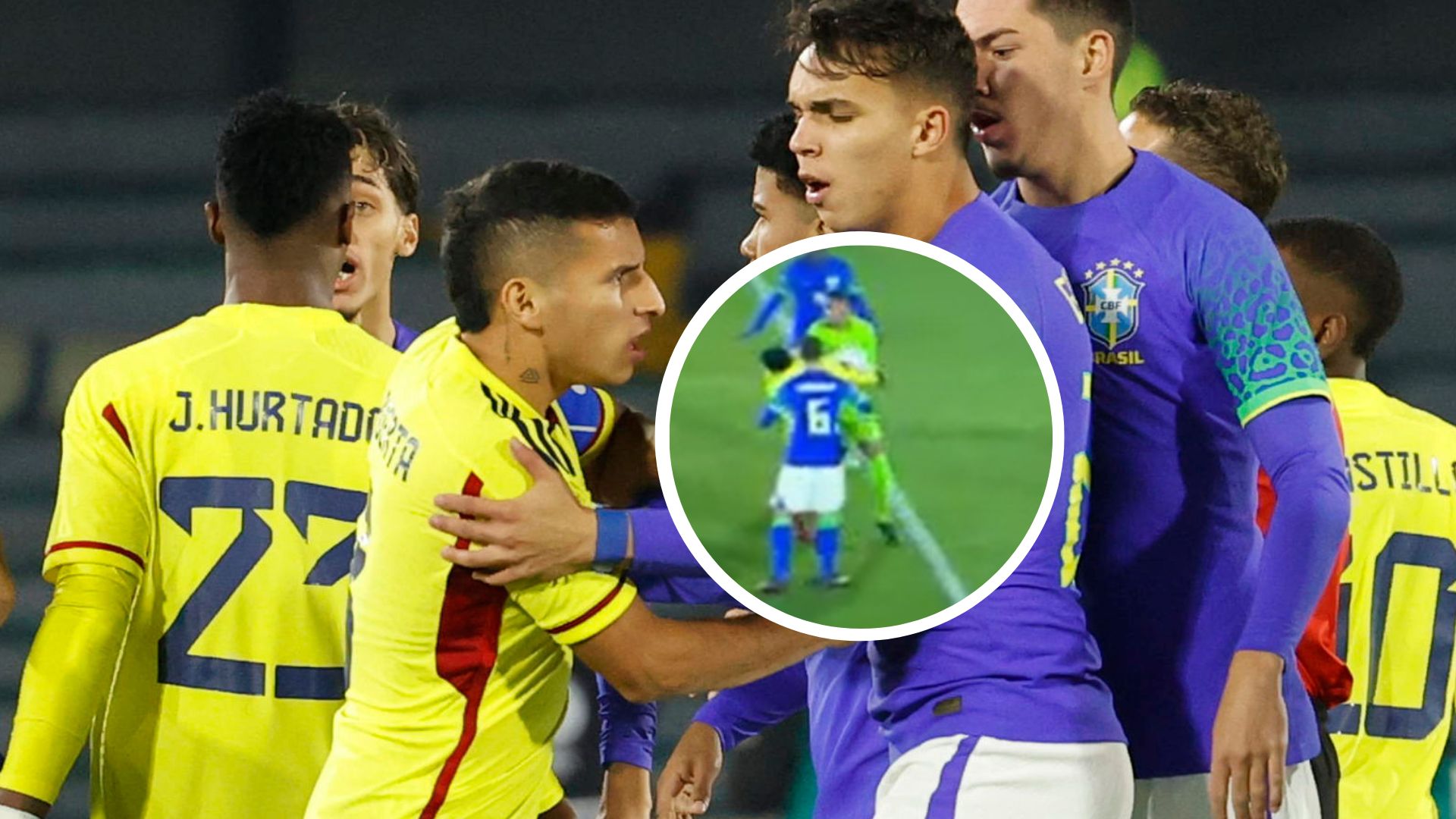 Fotos de Gustavo Puerta y falta contra Alexis Castillo, en nota de Selección Colombia Sub-20 sufrió contra Brasil dura falta y grave error arbitral