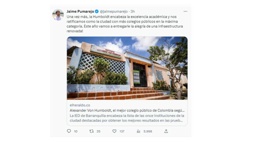 Publicación de Jaime Pumarejo en su cuenta de Twitter.