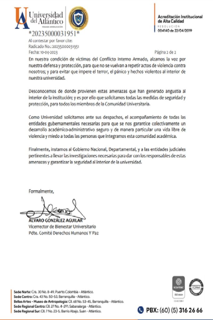 Carta de la Universidad del Atlántico. Foto: @uniatlantico
