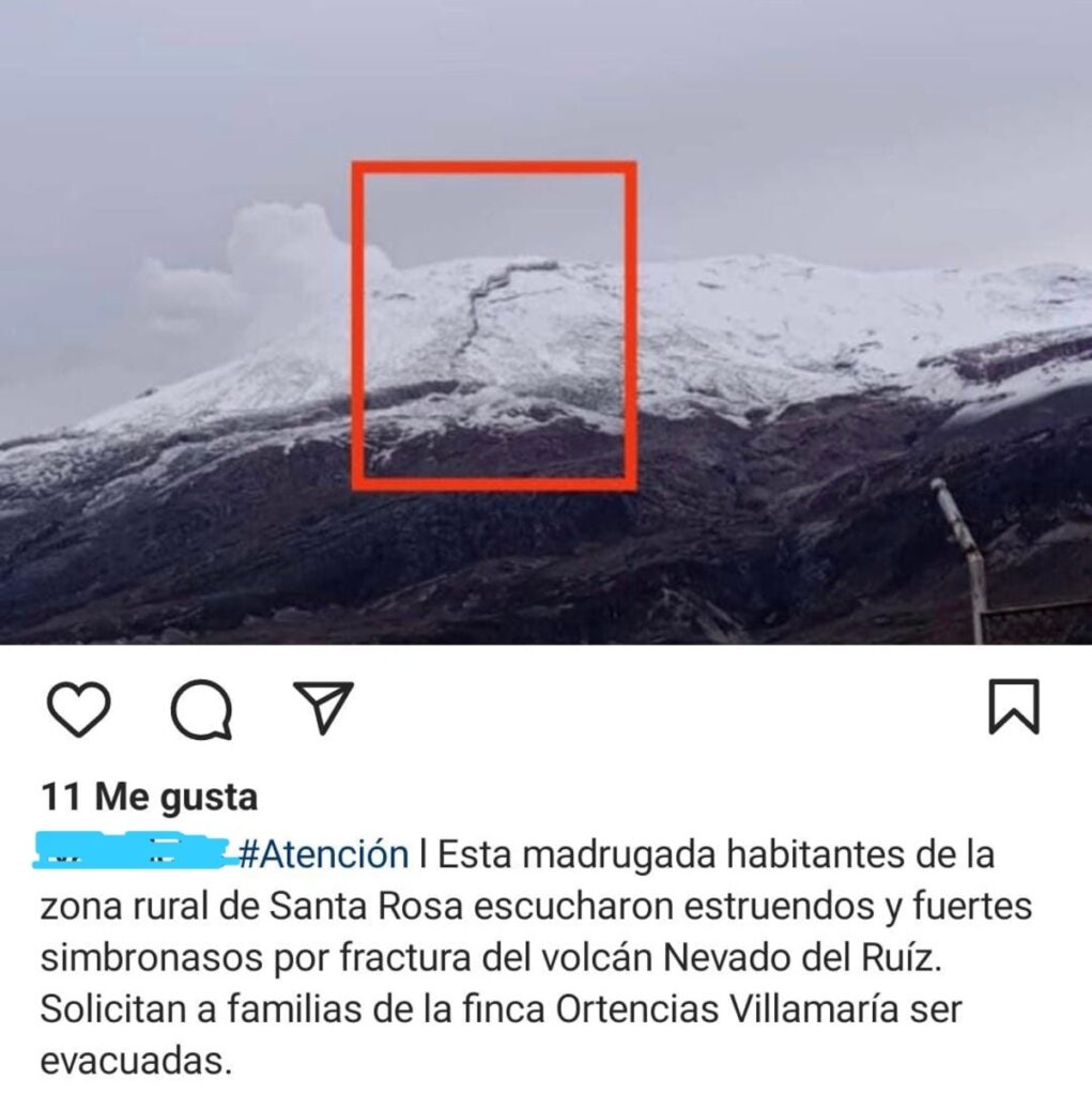Foto de una grieta en el volcán Nevado del Ruiz