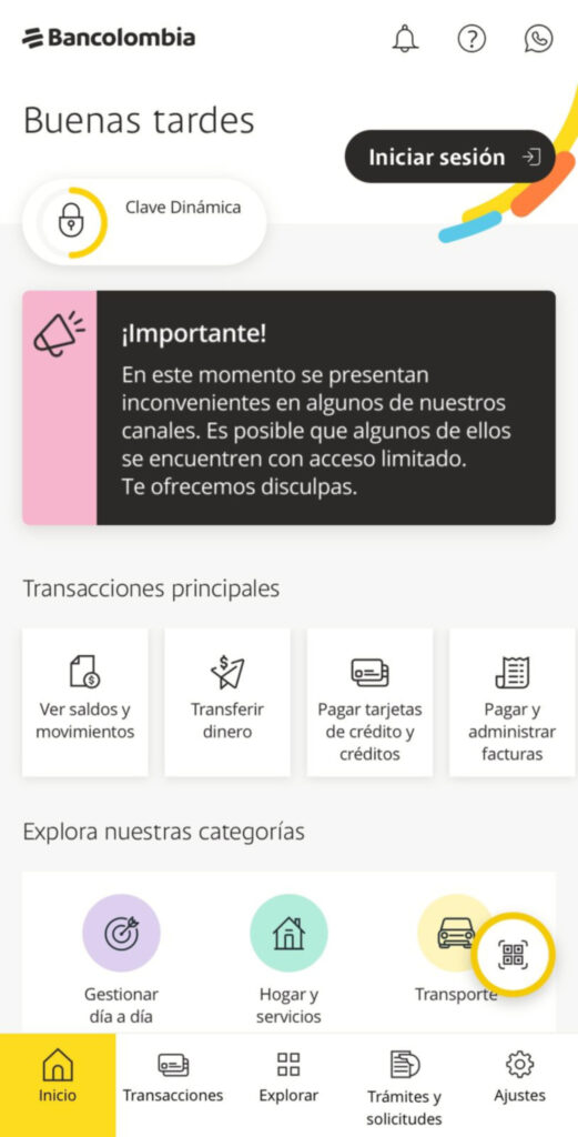 Captura de pantalla de la aplicación de Bancolombia