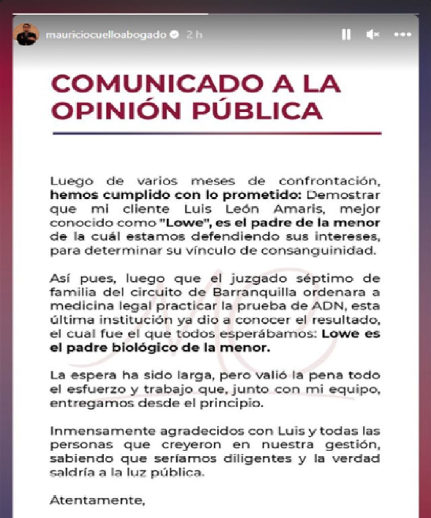 Comunicado del abogado de Lowe León. Foto: historias de Instagram @mauriciocuellofernandez