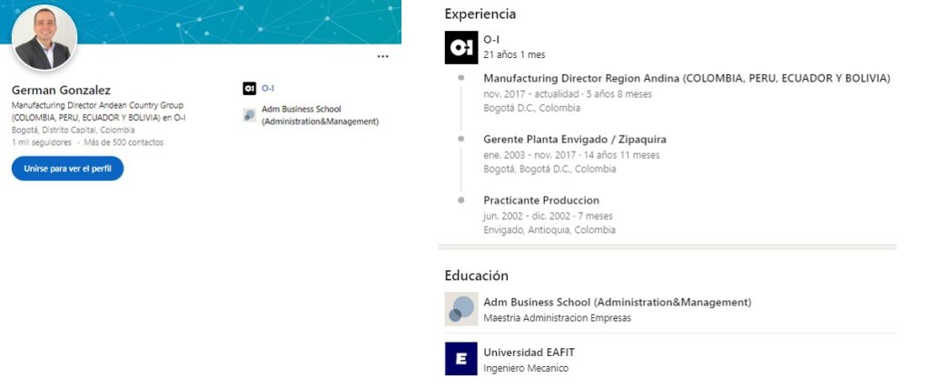 Perfil de LinkedIn de Germán González, esposo de <a href=