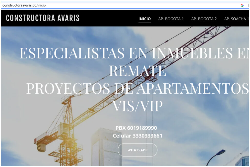 Así se ve página de constructora Avaris. Web oficial.