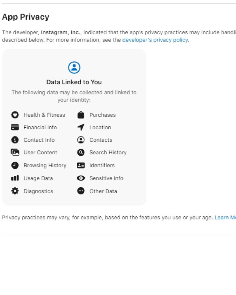 Captura de pantalla de los datos personales a los que usted le da acceso al descargar la aplicación. 