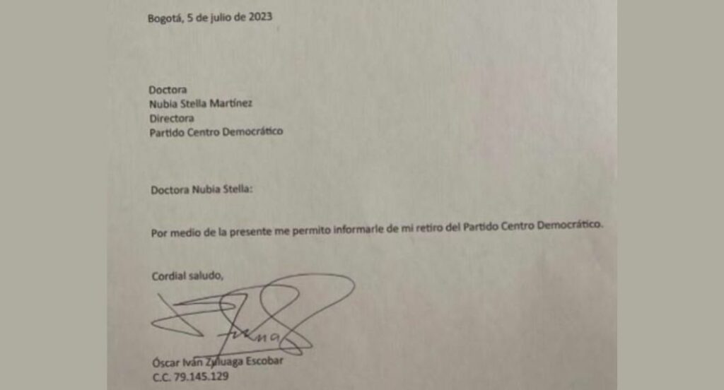 Así es la corta carta con la que Óscar Iván Zuluaga renunció al Centro Democrático/ Archivo particular
