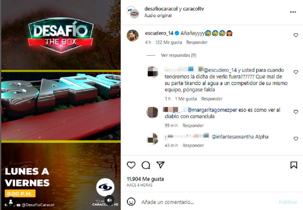 Ataques a Escudero en avance del Desafío, viernes 7 de julio/ Instagram @desafiocaracol