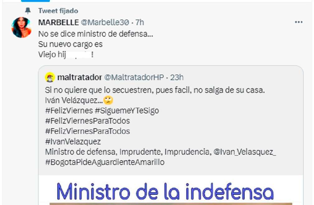 Insulto de Marbelle contra Ministro de Defensa por secuestro a sargento/ Twitter @marbelle30