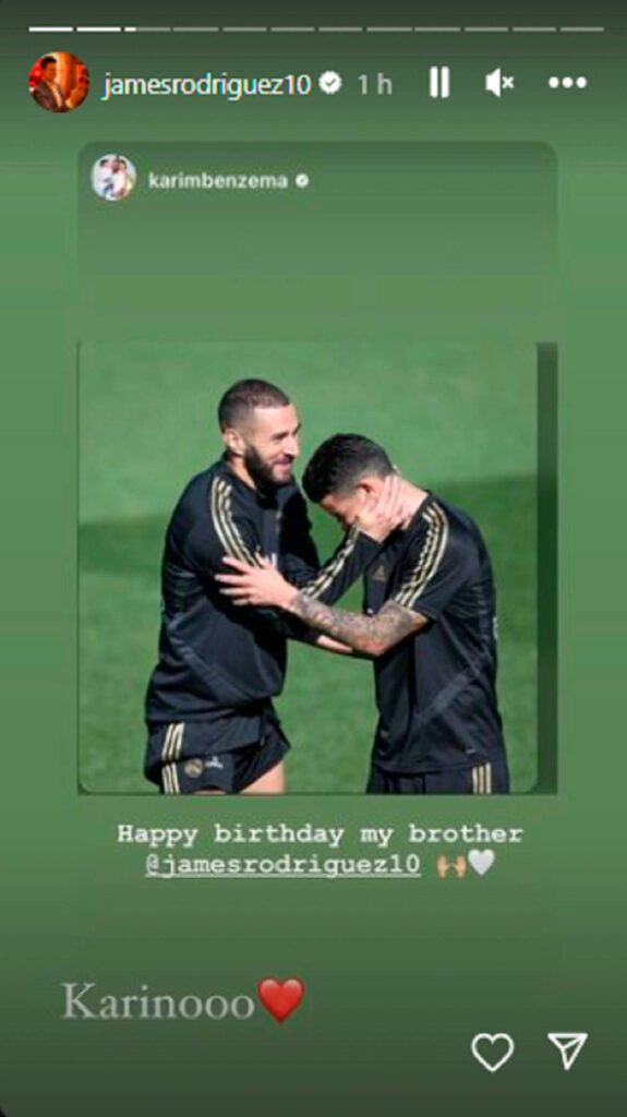 James Rodríguez de cumpleaños recibió saludo de Benzema/ Instagram @jamesrodriguez10