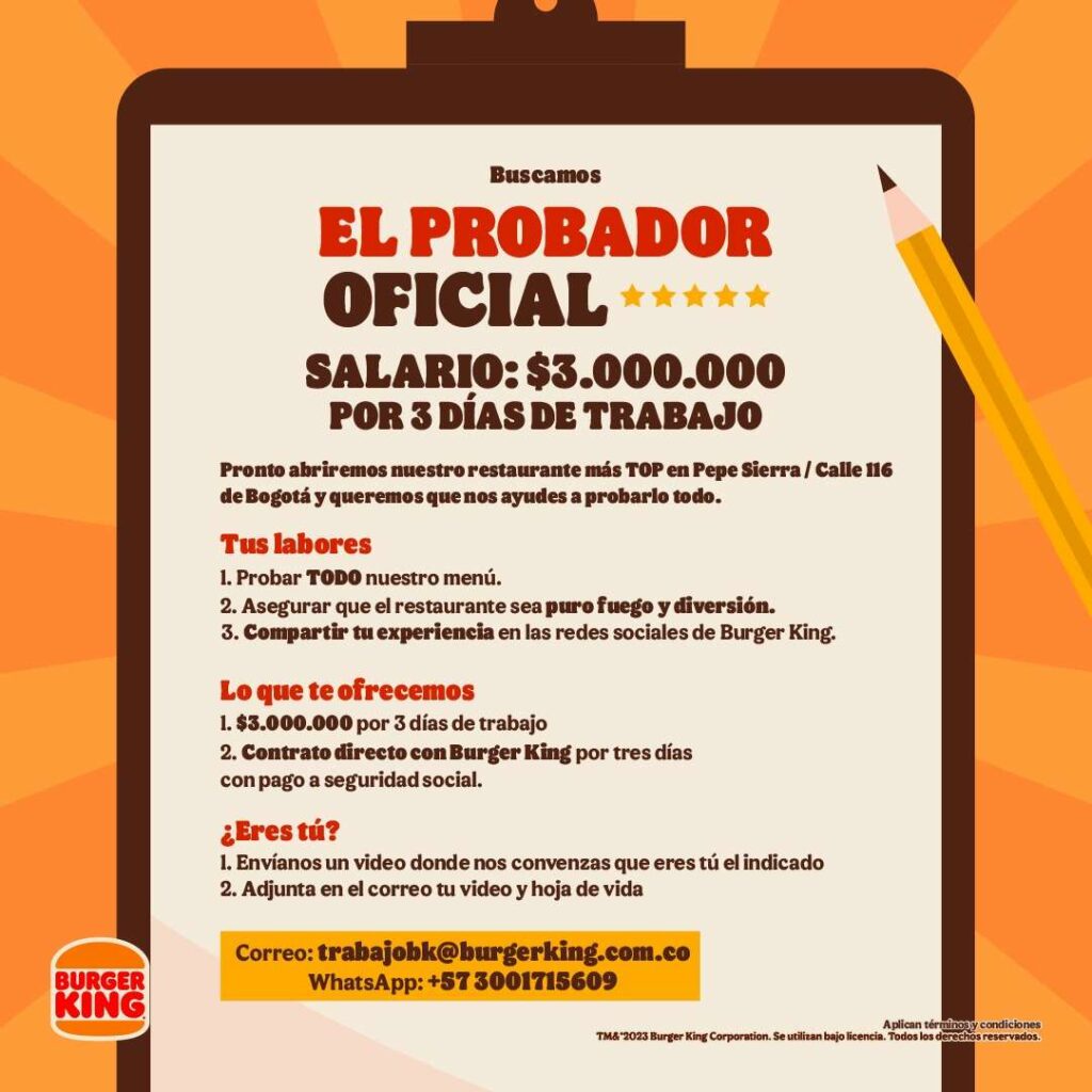 Burger King y su oferta laboral para probador oficial en Colombia/ Cortesía