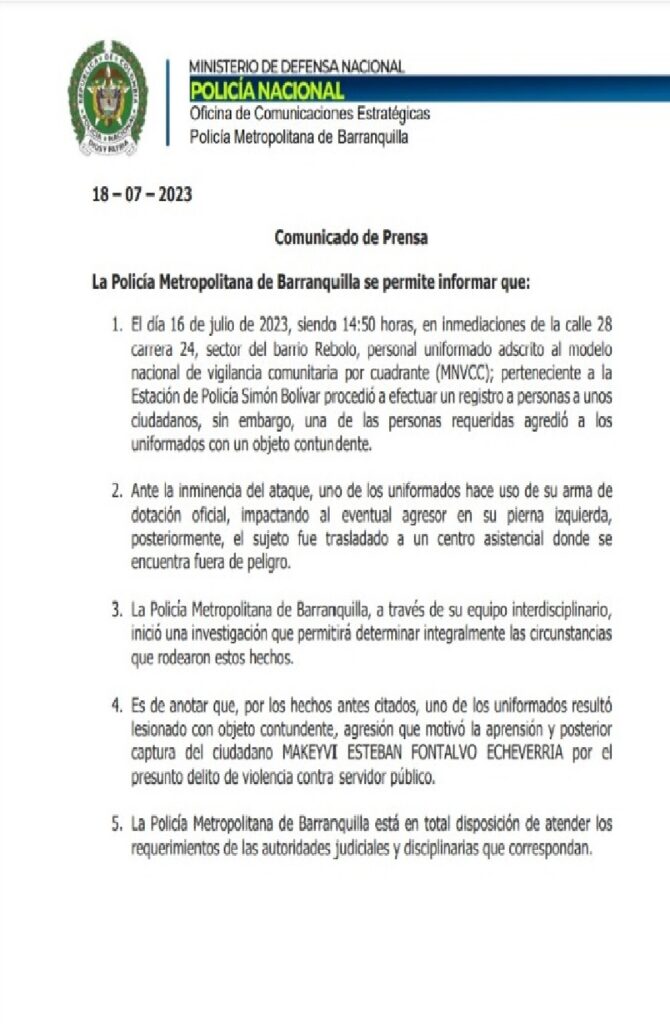 Comunicado de la Policía Metropolitana de Barranquilla.