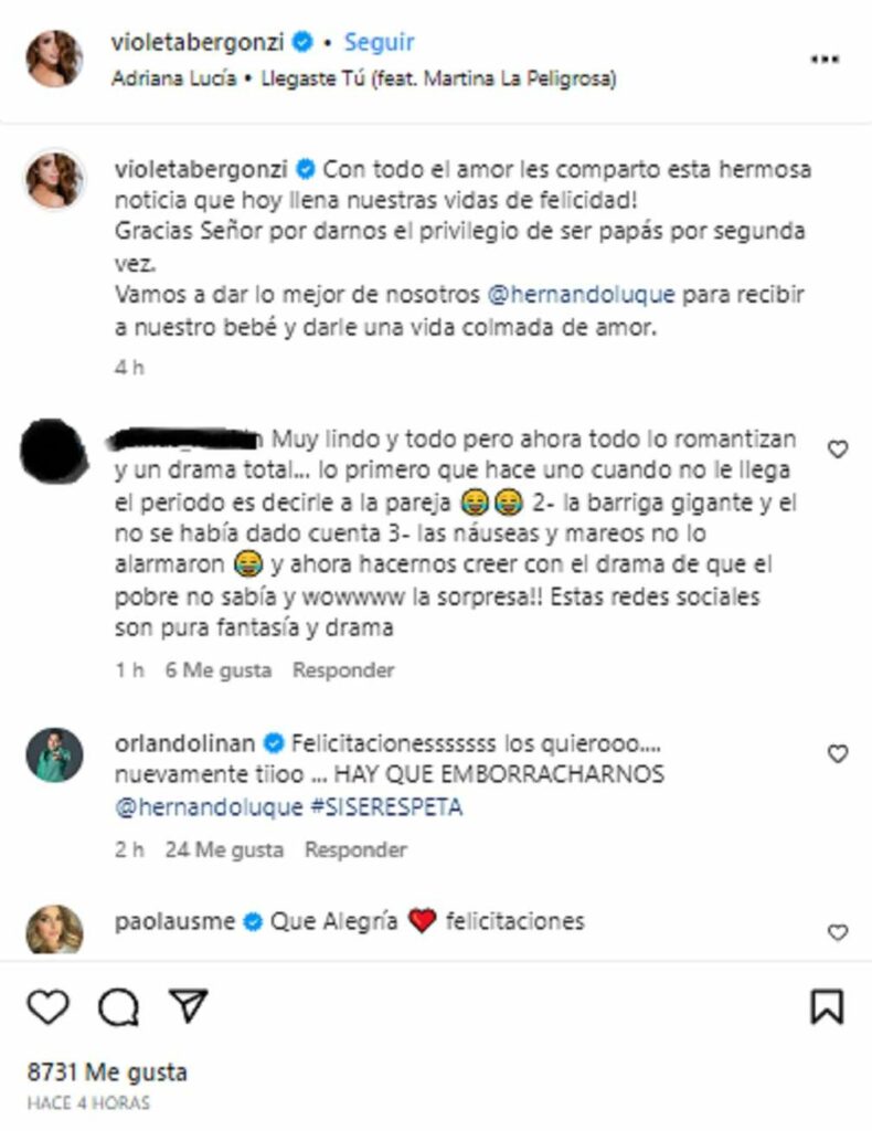Mensaje de Orlando Liñán por embarazo de Violeta Bergonzi, de Buen día Colombia/ Instagram @violetabergonzi