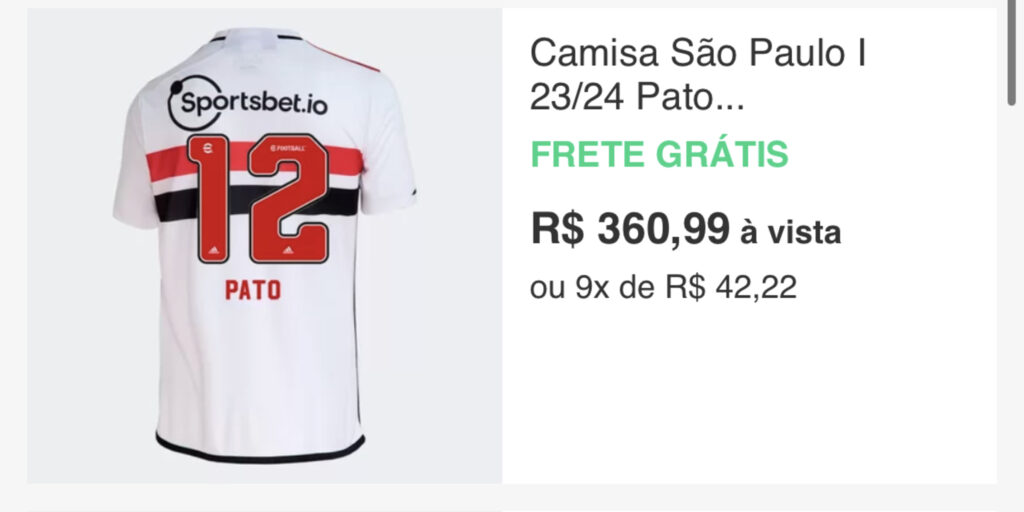 Captura de pantalla de la página web de Sao Paulo en el que se evidencia el precio de las camisetas.