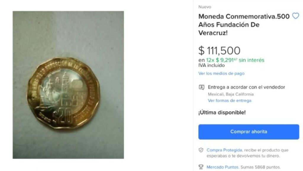 Moneda de 20 pesos conmemorativa de la fundación de Veracruz, venta en Mercado libre.