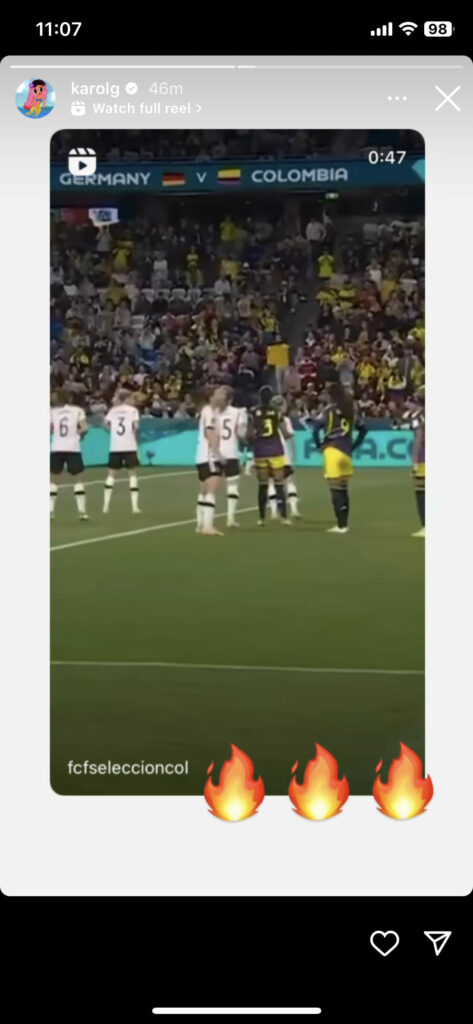 Captura de pantalla del Instagram de Karol G reaccionando al triunfo de Colombia.