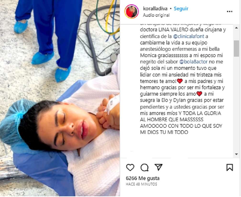 Foto de cómo quedó Koral Costa luego de su cirugía/ Instagram @koralladiva