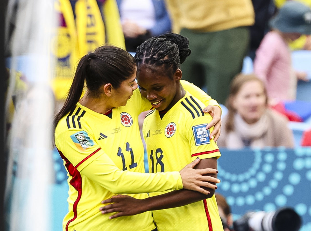 SYDNEY, AUSTRALIA - JULY 25: Linda Caicedo of Colombia (R) celebrating her goal with her teammate Catalina Usme of Colombia (R) during the FIFA Women's World Cup Australia & New Zealand 2023 Group H match between Colombia and Korea Republic at Sydney Football Stadium on July 25, 2023 in Sydney, Australia. (Photo by Patricia Pérez Ferraro/Eurasia Sport Images/Getty Images)