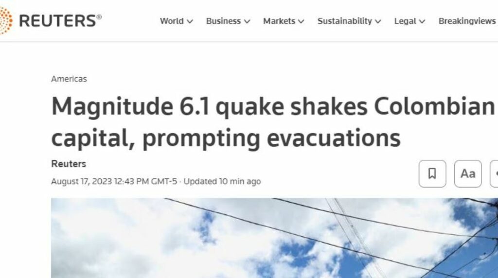 Agencia Reuters informó así del temblor en Colombia | Captura de pantalla Reuters