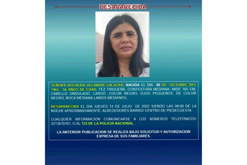 Rosalba Velandia, desaparecida el 14 de julio de 2023 - Foto de Facebook 'Mi mamita aparecerá'