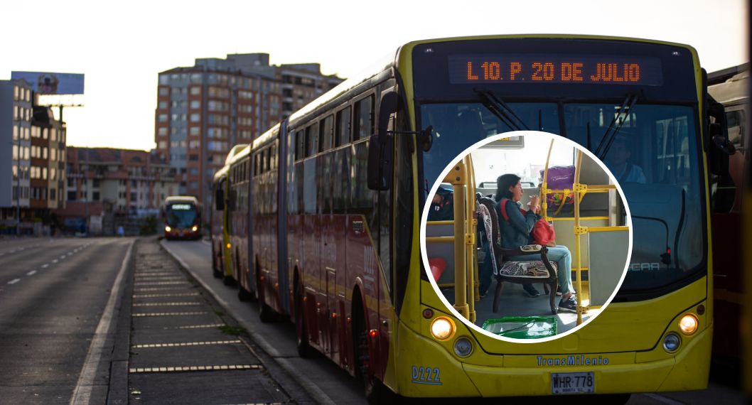 Foto de Transmilenio y de persona en silla elegante, en nota de que mujer en ese sistema hizo trasteo en Bogotá con muebles de lujo y más paquetes.