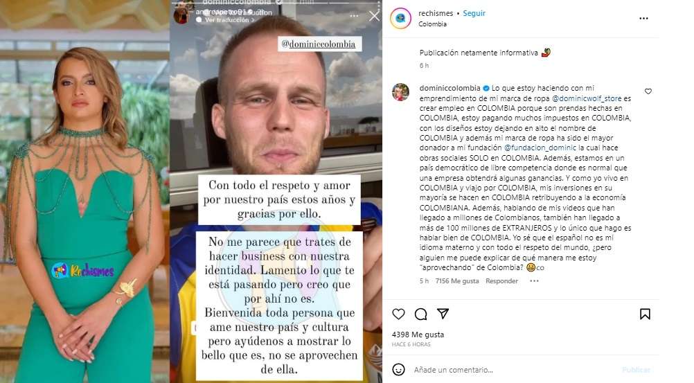 ¿Qué le respondió Dominic Wolf a Andrea Petro por crítica?/ Instagram @rechismes