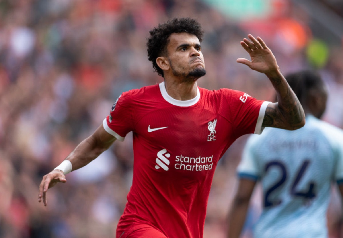 LIVERPOOL, ENGLAND - AUGUST 19: Luis Diaz of Liverpool celebrates scoring during the Premier League match between Liverpool FC and AFC Bournemouth at Anfield on August 19, 2023 in Liverpool, England. (Photo by Visionhaus/Getty Images)