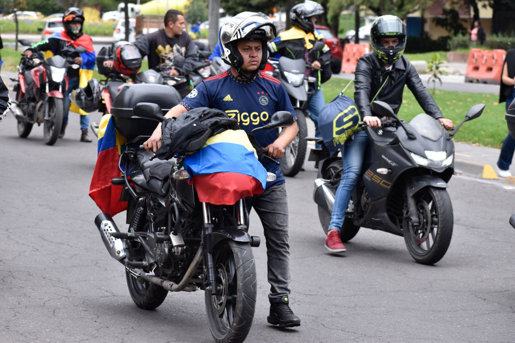 Motorcycle drivers take part during protests against the raise of fuel prices, in Bogota, Colombia, on August 28, 2023. (Photo by: Cristian Bayona/Long Visual Press/Universal Images Group via Getty Images)