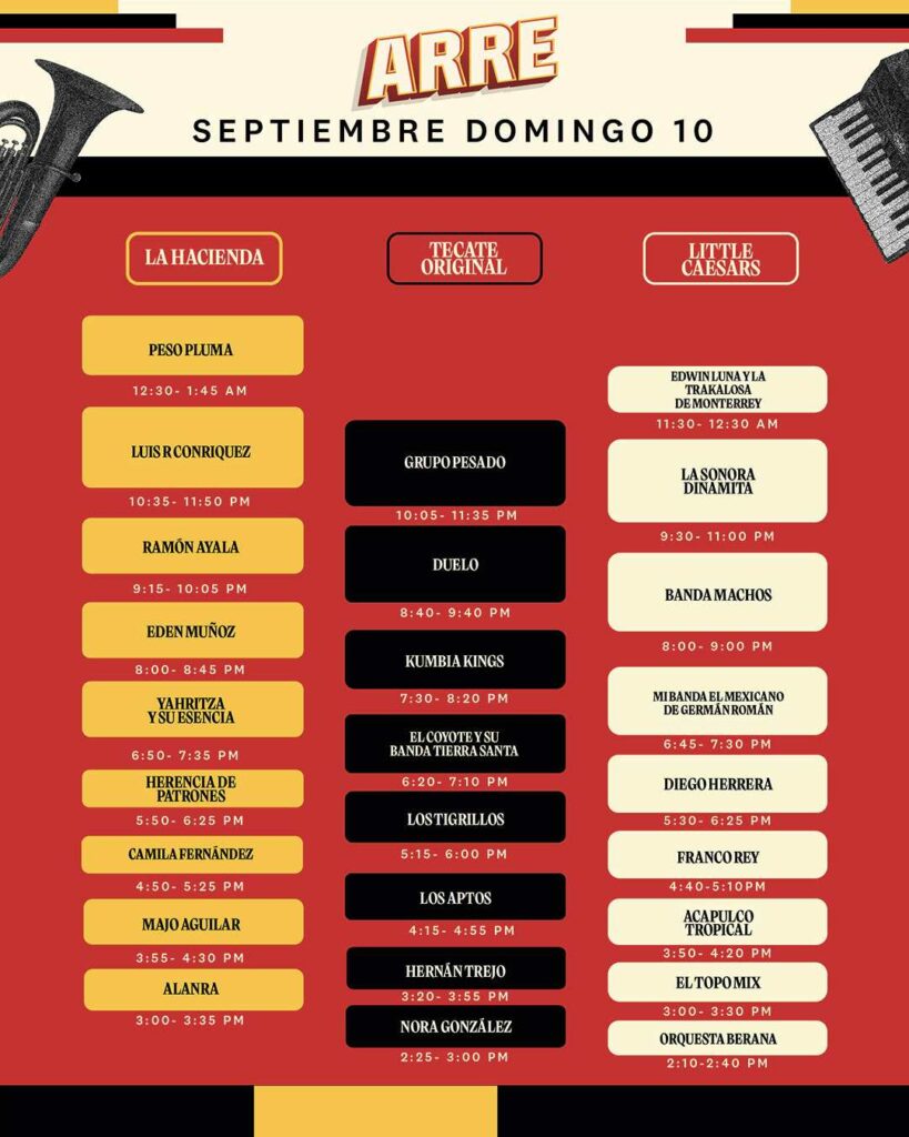 Horarios del día domingo 10 de septiembre. Créditos: Festival Arre