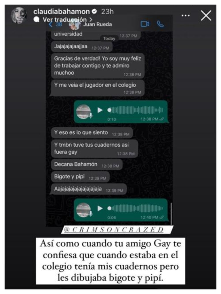 Claudia Bahamón compartió chat con amigo gay que le soltó confesión/Foto: Instagram @claudiabahamon