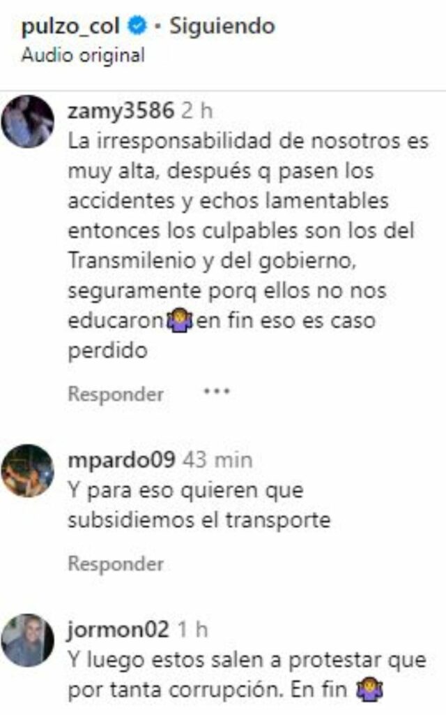 Comentarios de Instagram @pulzo_col, por video de colados de Transmilenio en Portal Américas.
