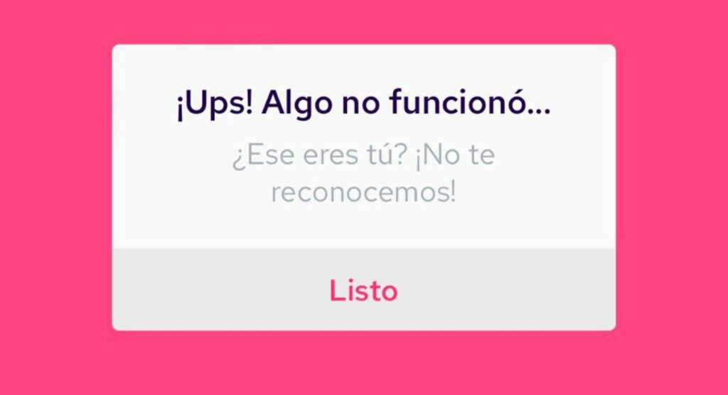 Aviso que aparece cuando reconocimiento facial de Nequi no sirve