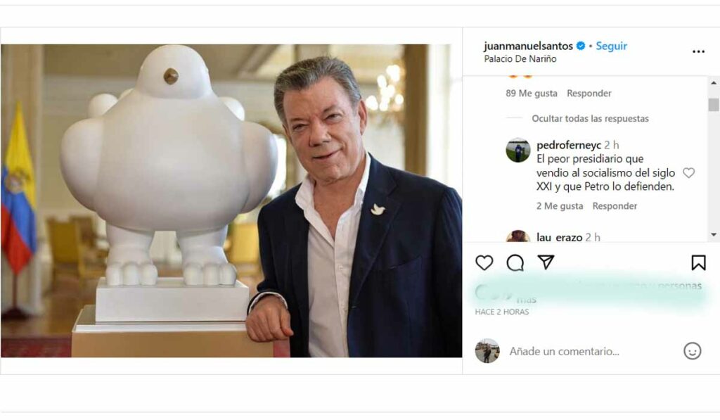 Juan Manuel Santos recibió criticas en Instagram | Captura de pantalla @juanmanuelsantos