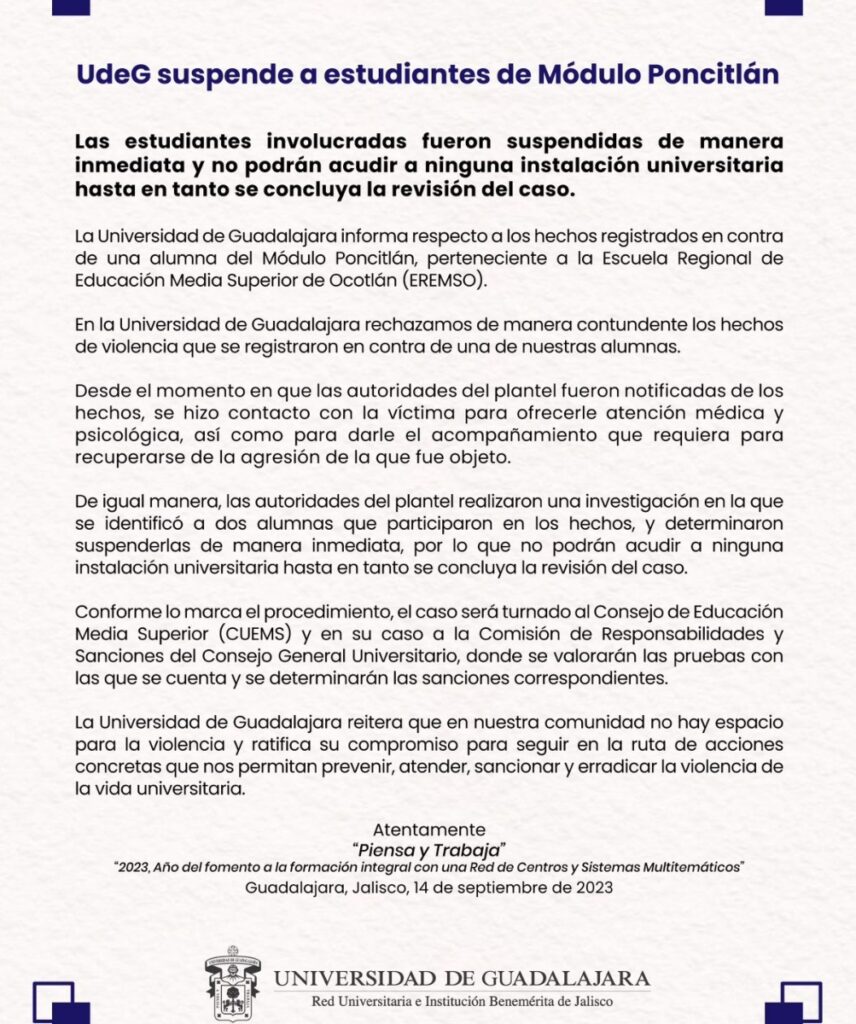 Comunicado de la Universidad de Guadalajara