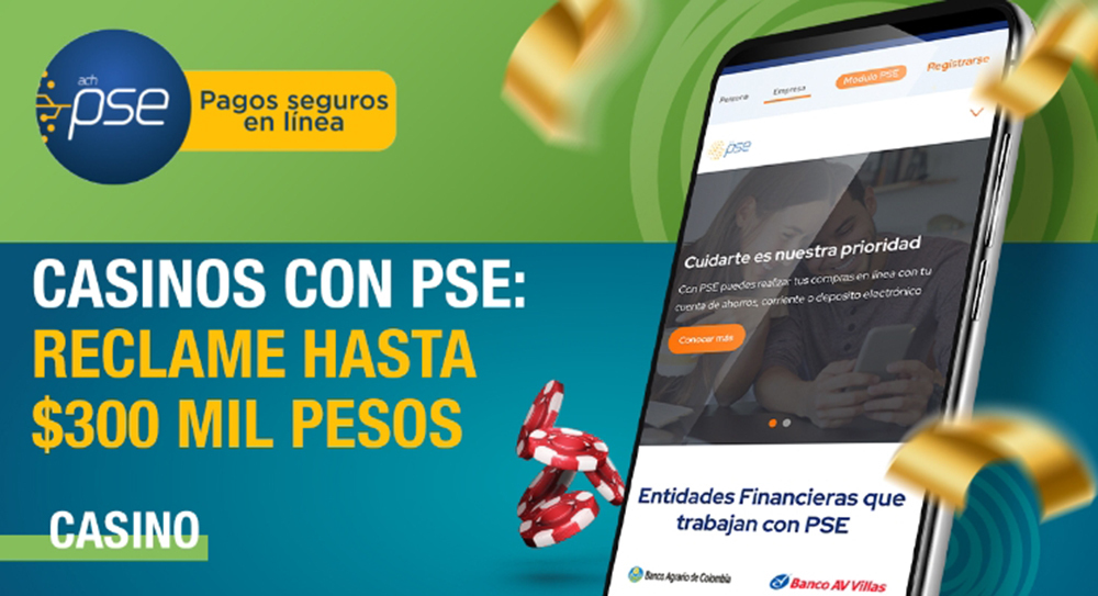 Celular mostrando en pantalla la página web de PSE, con algunas fichas de casino lanzadas cerca del celular.