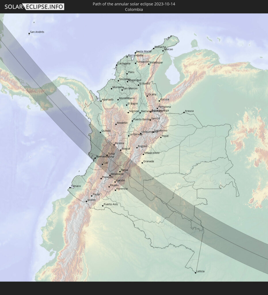 Puntos en los que más se podrá apreciar el eclipse solar en Colombia. Imagen: Solar-<a href=