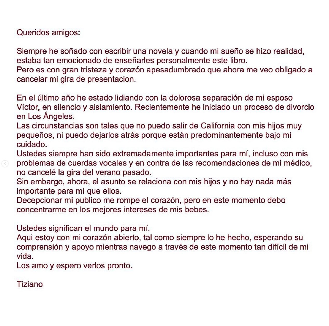 Comunicado en español compartido por Tiziano Ferro / Créditos: Instagram