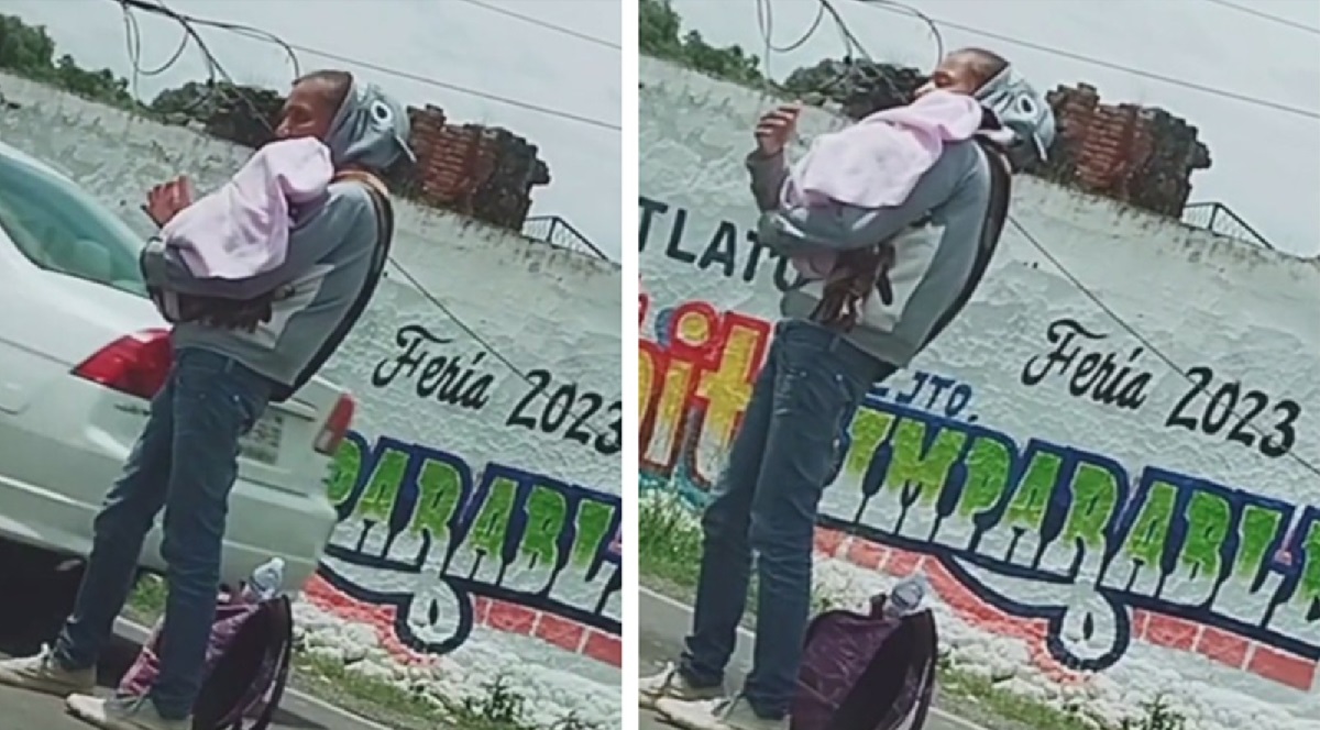 Mujer pide plata en las calles arropando a su perro para que parezca un bebé.