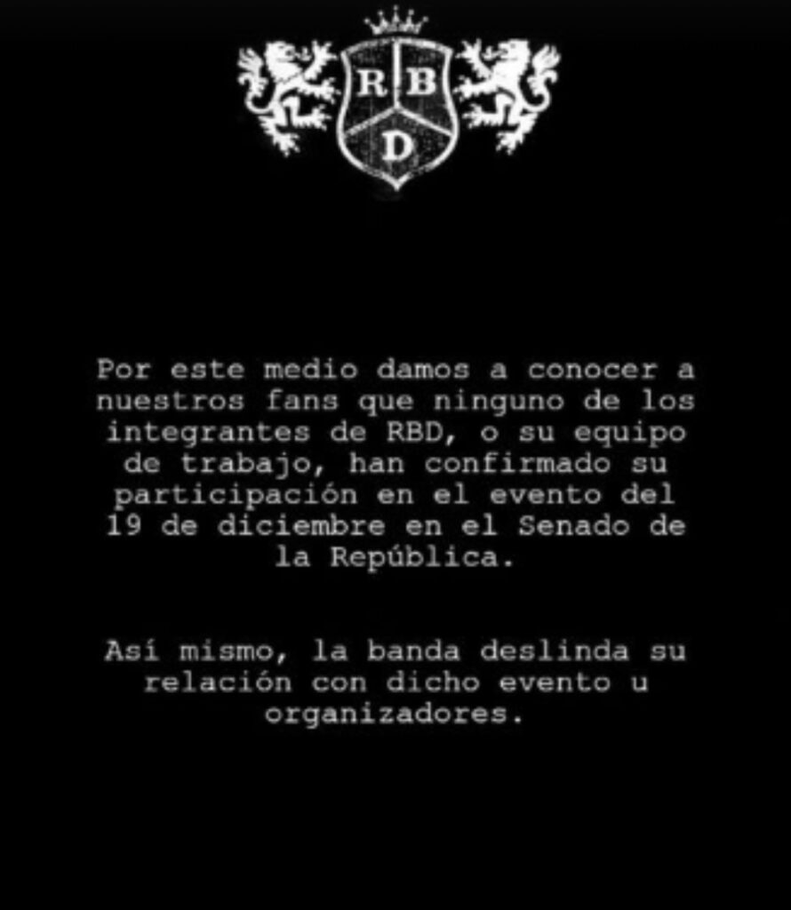 Comunicado de RBD lanzado en su página de Instagram.