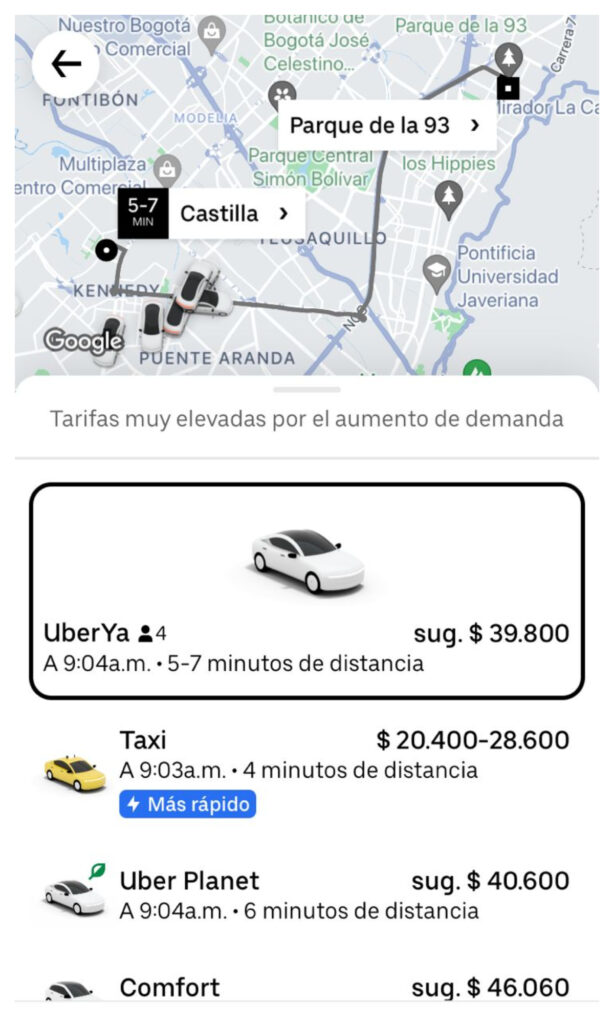 Tarifas de Uber en Día sin carro.