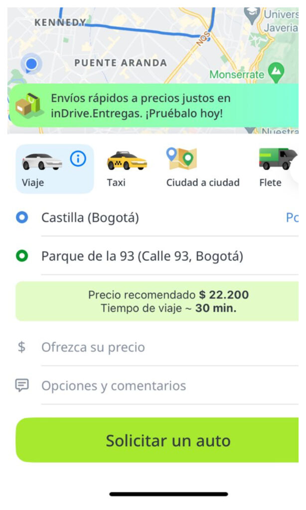 Tarifa inDrive em Día sin carro en Bogotá.