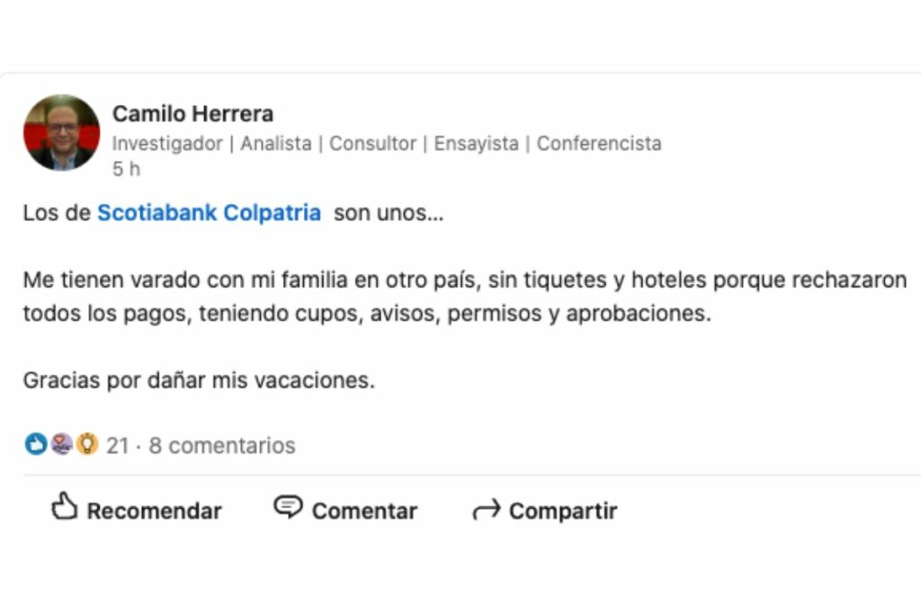 Publicación de Camilo Herrera en LinkedIn contra Scotiabank <a href=