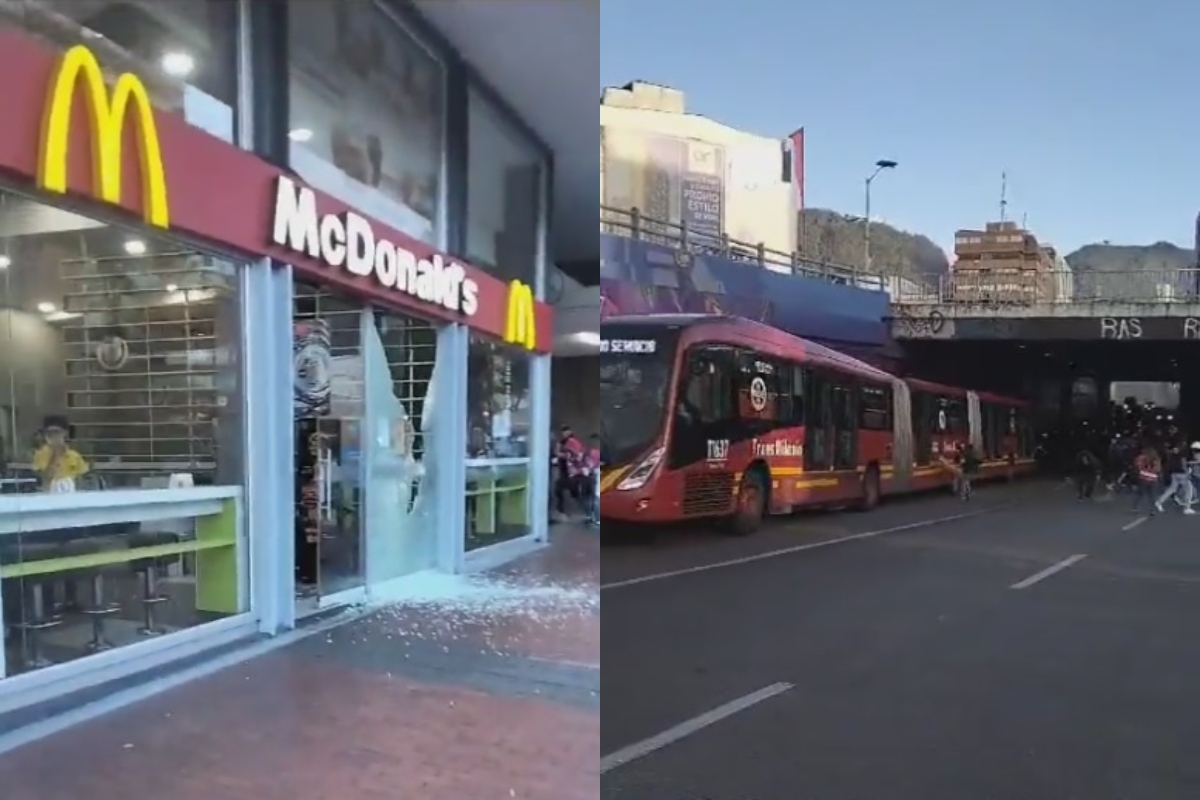 McDonald's destruido y bus de Transmilenio atacado en desmanes de este 10 de octubre en Bogotá.