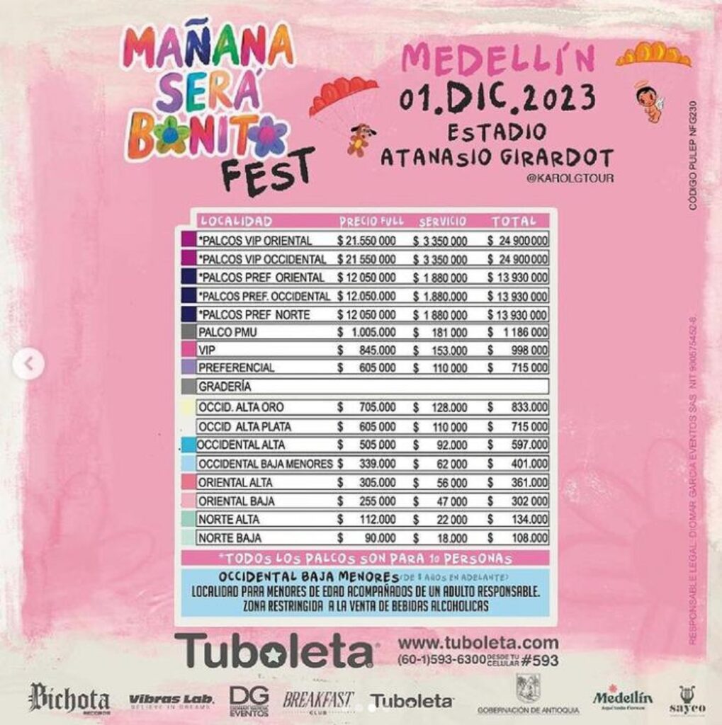 Estos son los precios del concierto de Karol G en Medellín/ Instagram @tuboleta