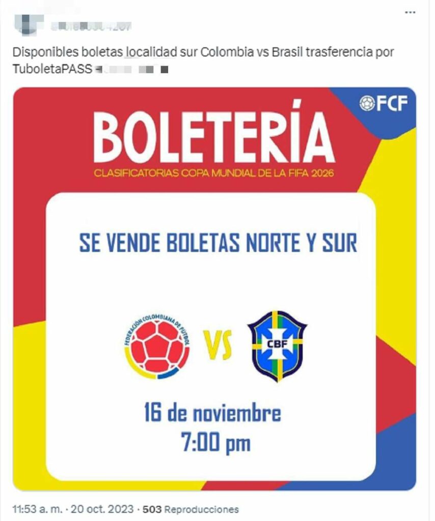 Reventa de boletas Colombia vs. Brasil -3