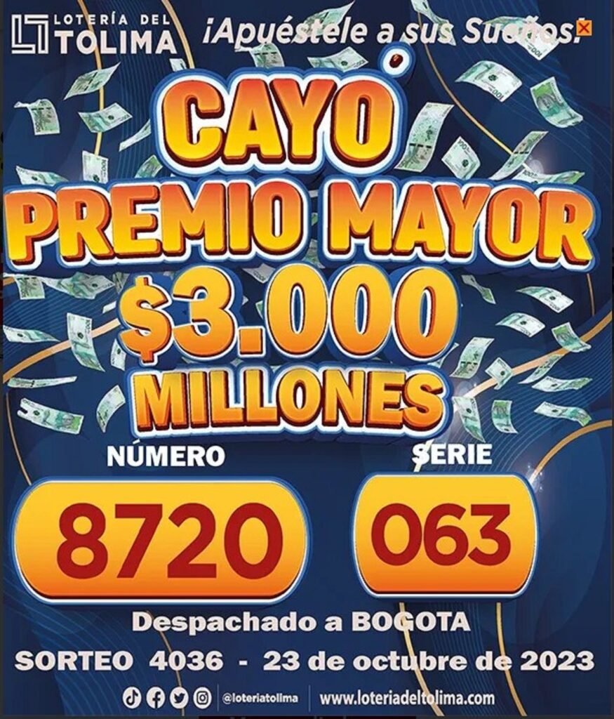 Número ganador de la lotería del Tolima. Foto: Lotería del Tolima.