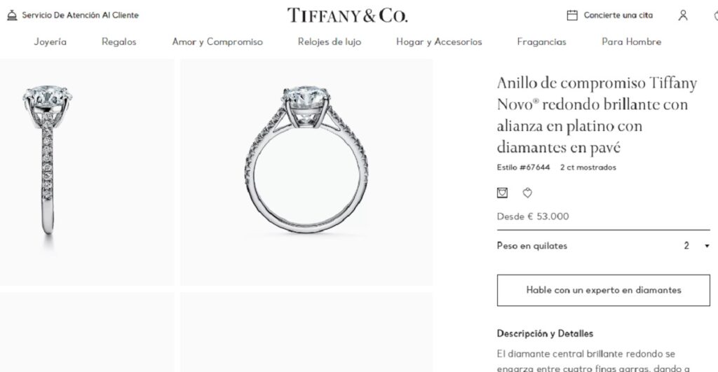 Captura de pantalla de página web Tiffany & Co
