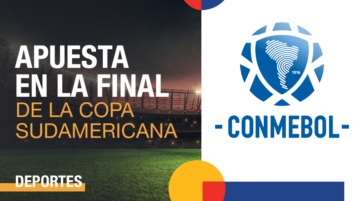 Logo de la CONMEBOL al lado de un estadio de fútbol de noche con una frase ofreciendo apuestas deportivas